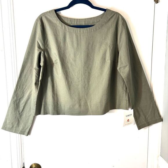 North S Linen Cotton Blend olive green crop top long sleeve - Picture 1 of 6